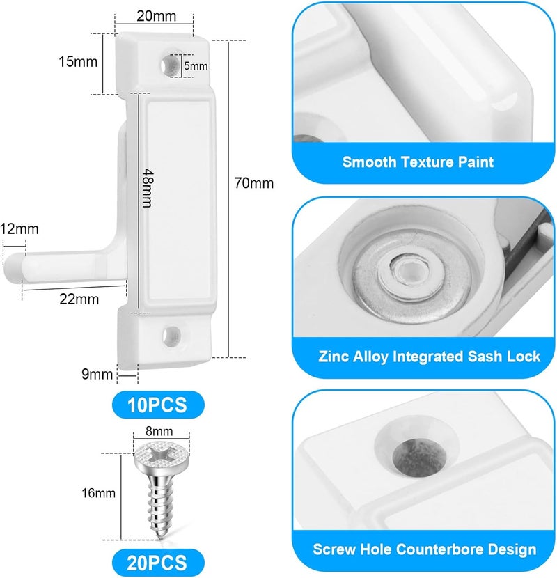 HIMOMO 10 Pack Window Latch, White Window Locks Replacement Cam Action Sash Locks Window Latches Replacement Sash Locks for Vertical and Horizontal Sliding Windows Double Hung Windows - Image 2